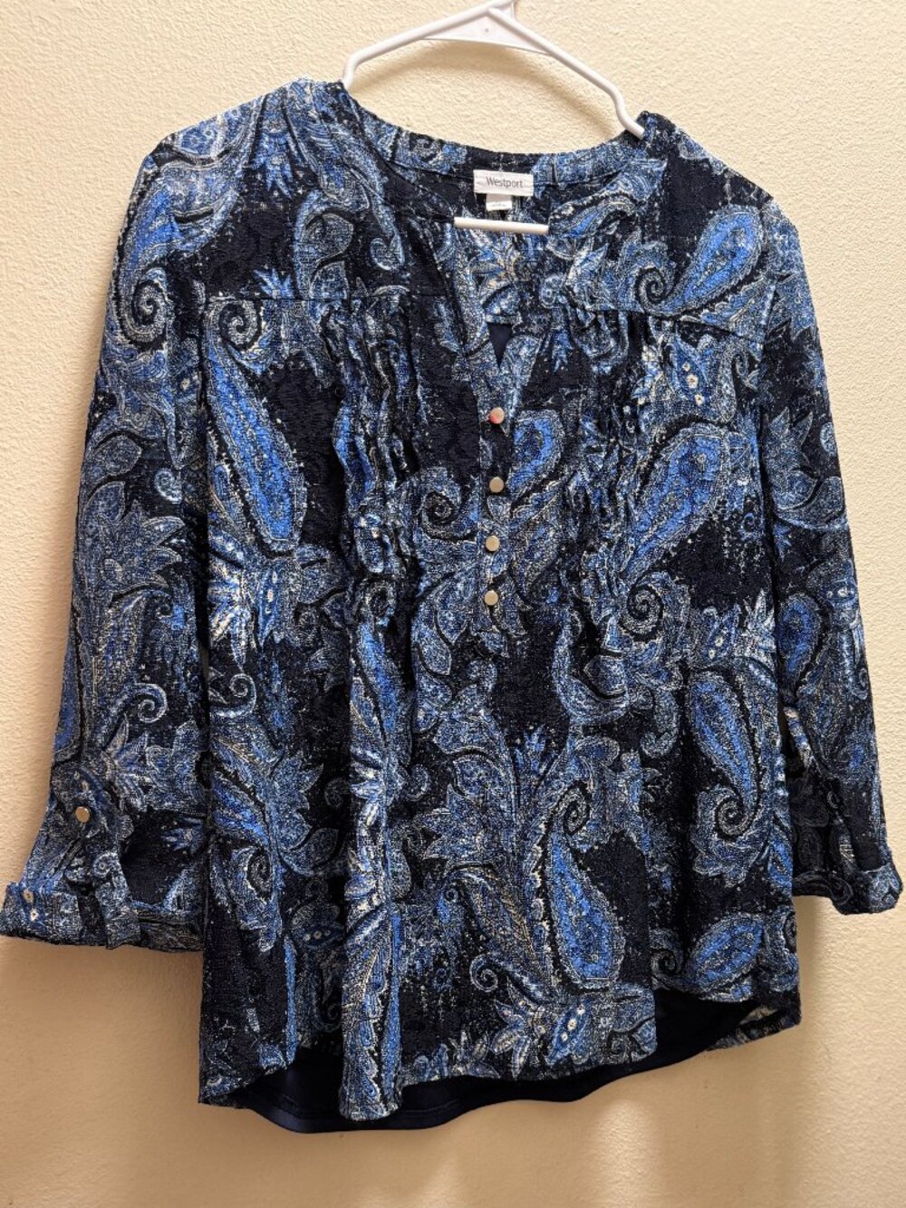 Westport Popover 3/4 Roll-Tab Sleeve, Y-Neck Pintuck Paisley Blue Size XL EUC